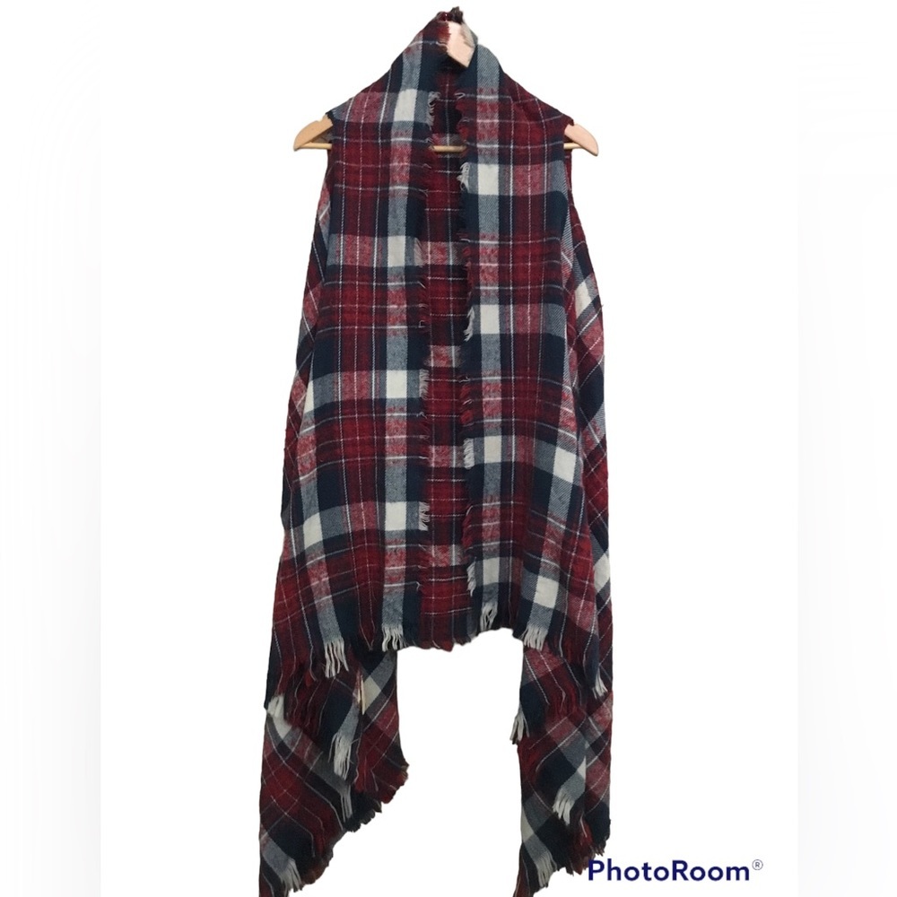 Francesca’s Women’s Red Blue Plaid Open Front Fringed Scarf Vest One Size
